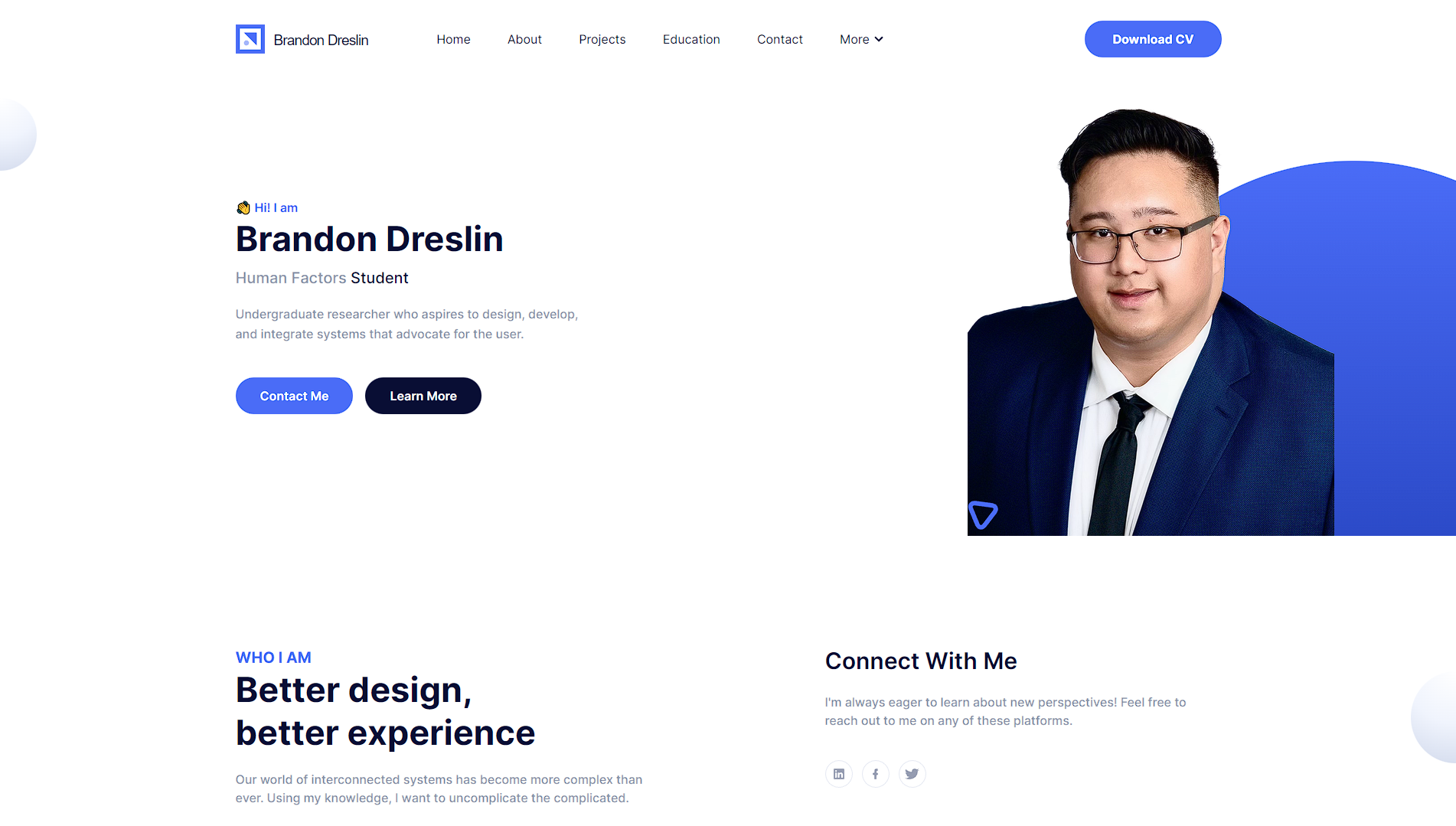 Home page of personal portfolio website